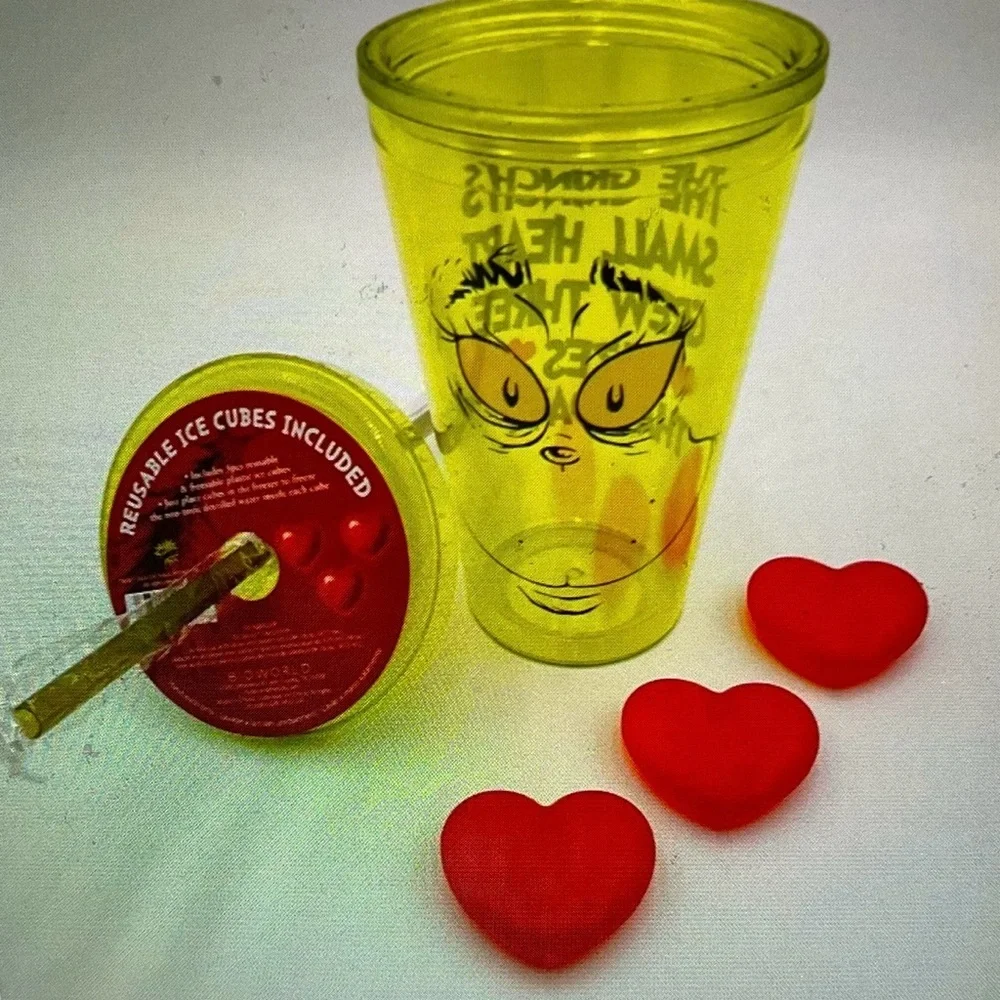 Grinch Lime Green Themed  Party Cup with Red Heart Ice Cubes 6 1/2” Tall